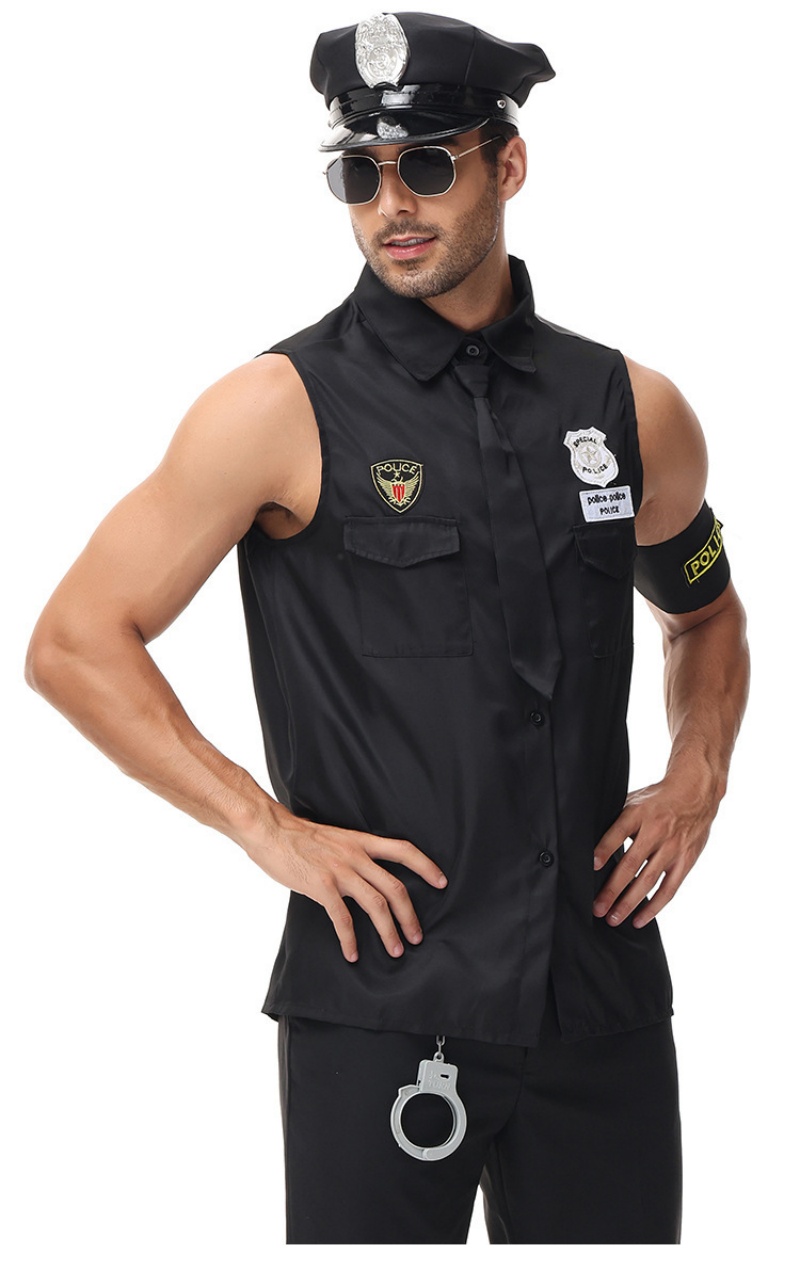Mens Police Officer Costume Set Halloween Cop Cosplay Sleeveless Uniform Set